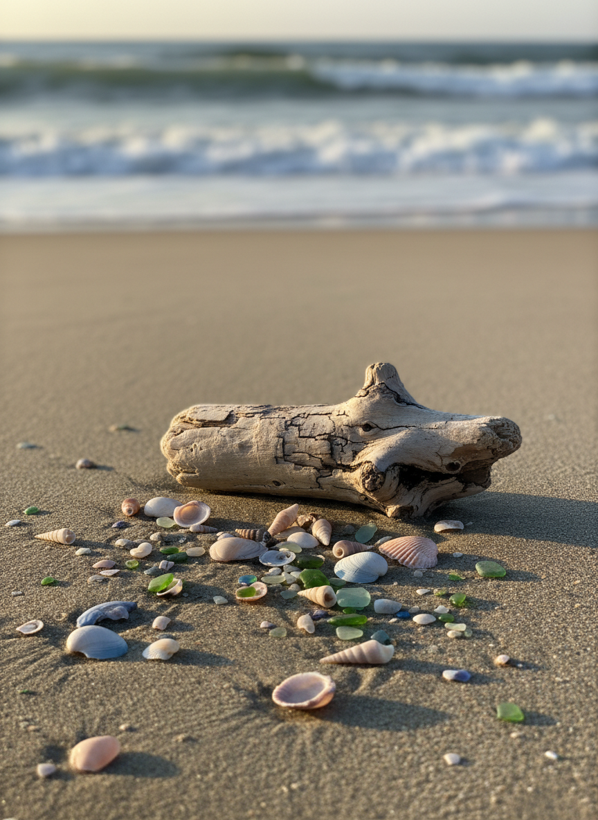 A close-up, photographic shot of a small weathered driftwood log resting at the high-tide line on the Grand Strand, its sun-bleached texture full of intricate cracks and knots. Around it lie scattered pastel sea shells, tiny spiral augers, and fragments of sea glass partially buried in the fine, damp sand. Late afternoon golden hour light washes across the scene from the side, emphasizing every ridge and grain while casting delicate, elongated shadows. In the softly blurred background, gentle waves roll in with a thin line of white foam. Composed with a shallow depth of field and playful, asymmetrical framing, the image feels intimate, curious, and quietly joyful, perfect for illustrating local beach discoveries.