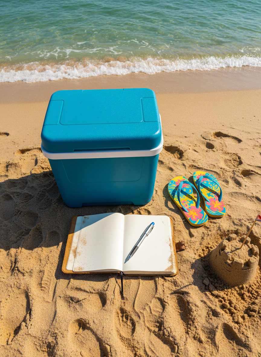 An overhead, photographic view of a colorful beach day setup on the Grand Strand: a cheerful teal cooler with a slightly frosted surface, a pair of bold patterned flip-flops kicked off at odd angles, and a sand-speckled journal open to a blank page with a pen resting diagonally across it. The sand is textured with overlapping footprints, circles from a bucket, and a half-finished small sandcastle turret nearby. Bright mid-morning sunlight creates crisp shadows and intense, saturated colors, especially in the turquoise ocean just visible at the top edge of the frame. The composition feels spontaneous and playful, with a flat-lay style that is sharp and realistic, conveying the excitement of new routines and possibilities at the beach.