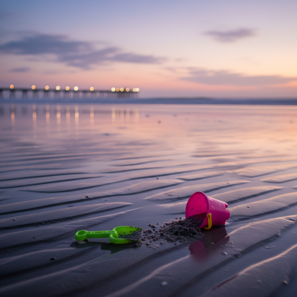 A moody, photographic twilight image of a quiet section of the Grand Strand just after sunset, with the sand tinted soft lavender and the retreating tide leaving reflective streaks of wet shoreline. A lone, playful detail stands in the foreground: a small, neon-colored plastic beach shovel and pail left behind, the pail tipped on its side with a little pile of damp sand spilling out. Distant pier lights form gentle bokeh dots along the horizon, mirrored in the glossy surface of the receding water. The sky glows with subtle pinks and deepening blues, illuminated by the last traces of diffused evening light. Shot from a low angle with a shallow depth of field, the atmosphere is dreamy, nostalgic, and slightly whimsical, suggesting fresh starts and quiet goodbyes.
